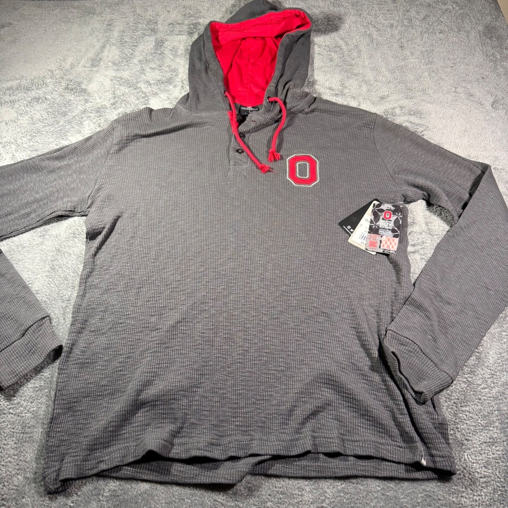Colosseum Mens Ohio State Buckeyes Waffle Knit Henley Hoodie Grey Red Large NEW